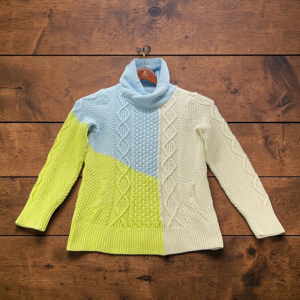 LL Bean Signature Womens S Colorblock Cable Knit Turtleneck Sweater Cotton